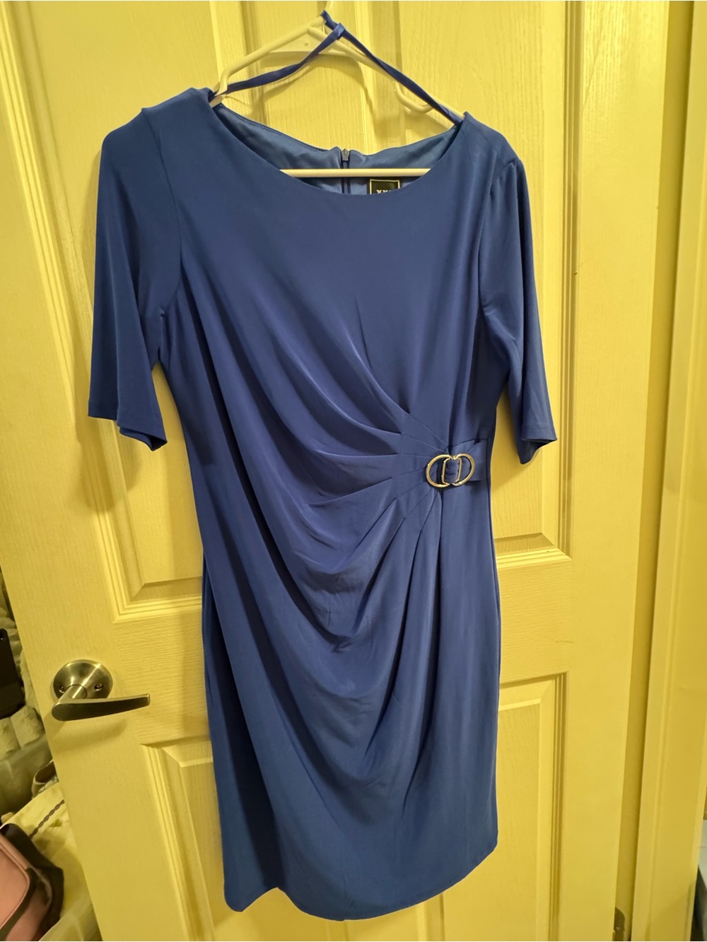 Elegant Blue Draped Women's Dress with Side Buckle